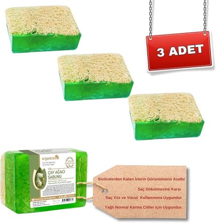 Doğal Kabak Lifli Çay Ağacı Sabunu 120 Gr x 3 Adet Tüm Cilt Tipleri İçin Sivilce ve Siyah Nokta Karşıtı
