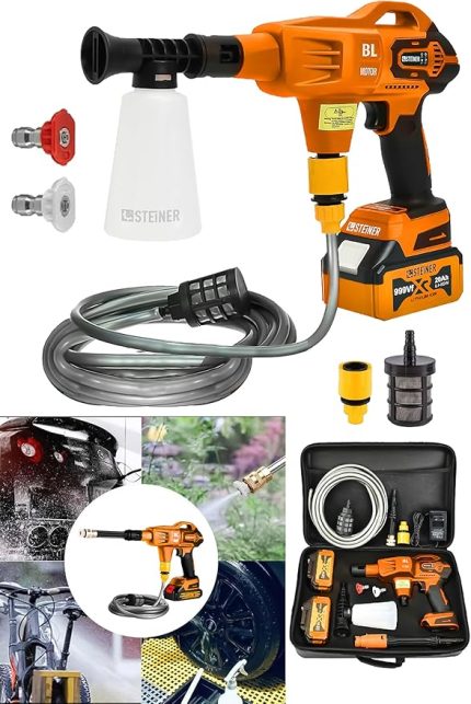 Alman 999 Vf 20 Ah 100 Bar Kömürsüz Şarjlı Oto Yıkama Makinesi Çift Akülü Bahçe Yıkama Makinası Turuncu