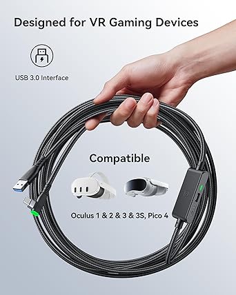 Oculus Quest 2/Pro için 16FT Bağlantı Kablosu, Yüksek Hızlı Aktarım Bağlantı Kablosu, Ultra Dayanıklı Güç için Ayrı Şarj Bağlantı Noktalı VR, USB 3.0 Tip A'dan C'ye Kablo VR Kulaklık Aksesuarları ve Oyun Bilgisayarı için - Görsel 3