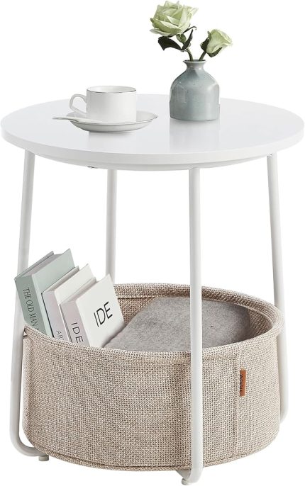 Yuvarlak sehpa, küçük masa, sehpa küçük, kumaş sepetli oturma odası masası, oturma odası, yatak odası için depolama alanı, modern komodin, beyaz-bej LET223W10