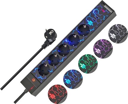 Gamer prizi GSL 05 USB LED aydınlatmalı 5 Soketli çoklu priz (oyun kurulumu için LED renk değişimi)