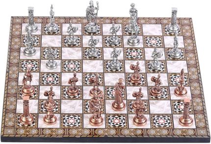 Orta Boy Metal Roma Satranç Takımı Antik ve Sedef Desenli MDF Ahşap Satranç Tahtası (37x37 cm.)