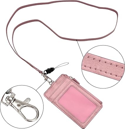 Fermuarlı Rozet Tutucu, Çift Taraflı PU Deri Kimlik Kartı Tutacağı Cüzdan Kılıfı 5 Kart Yuvası, 1 Yan Fermuarlı Cep ve 50 İnç Deri Boyun Kordonu/Kayışı - Pembe Altın (Dikey) - Görsel 3