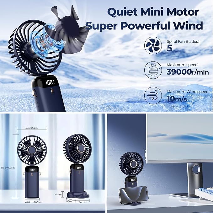 USB Vantilatör, 4200mAh Şarjlı El Tipi Fan, LED Ekranlı, 3'ü 1 Arada El/Boyun/Masa Fanı, Yaz, Ofis, Seyahat için, Kadınlar, Kızlar ve Çocuklara Hediye (Lacivert) - Görsel 5