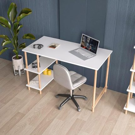 Çalışma Masası Bilgisayar Masası Ofis Ders Yemek Masası 4 Raflı Ahşap Ayaklı - Beyaz