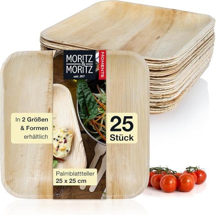 & Moritz Palmiye yaprağı tabak köşeli 25 x 25 cm – 25 sürdürülebilir tek kullanımlık tabak – Bambu tabak ve bambu tabaklara alternatif