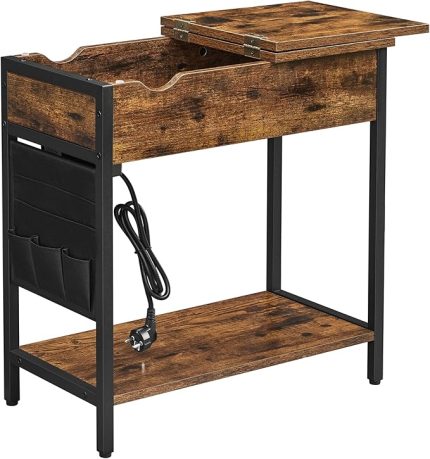 Elektrikli Sehpa, Yan Masa, Katlanır Masa, Başucu Masası, Elektrik Soketli, Kumaş Eşya Torbalı, Vintage, Kahverengi - Siyah, LET311B01
