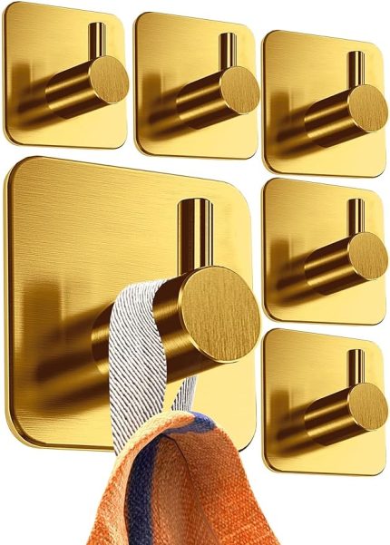 Delmeden havlu askısı, 6'lı set – Altın banyo havlu askısı, paslanmaz çelik, pratik yapışkan kanca olarak paslanmaz – Yüksek kaliteli kendinden yapışkanlı kanca, duvar kancası, klasik tasarım