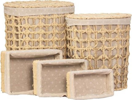 Home 5'li Hasır Çamaşır Sepeti Seti – 2 Adet Kapaklı Kirli Sepeti ve 3 Adet Organizer Sepet, Doğal Hasır El Örgüsü, Çamaşır, Oyuncak, Kıyafet ve Havlu Saklama (Geniş Örgü Oval Krem)