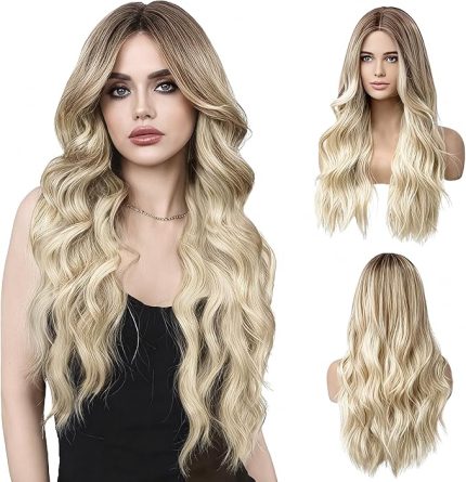 Uzun kıvırcık ombre kahverengi sarışın peruklar kadınlar için 68 cm uzunluğunda peruklar kadın kıvırcık dalgalı peruklar ısıya dayanıklı tam saç ombre peruk günlük karnaval parti Cosplay