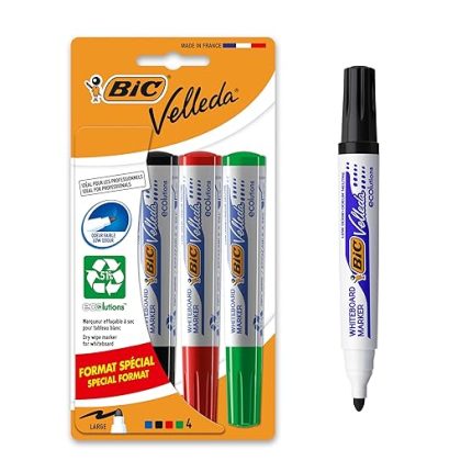 Velleda 1701 Eco Yuvarlak Uçlu Beyaz Tahta Kalemi 4'lü Kutu, 4 Farklı Renk, Kolay Silinebilen Mürekkep, Sabit Yuvarlak Uç
