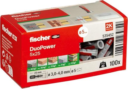 DuoPower 5 x 25, evrensel dübel, güçlü 2 bileşenli dübel, beton, tuğla, taş, alçı karton vb. yerlere sabitlemek için plastik dübel, vidasız, 100 adet