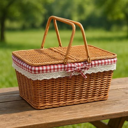 Hasır Piknik Sepeti – Dantelli, Kırmızı Kareli Kumaşlı, Şık ve Doğal Tasarım 39 cm