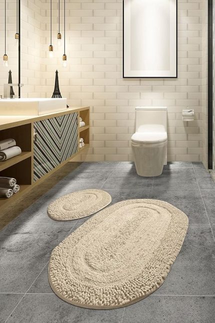 Home Macoronı Bej 2li Set Klozet Takımı Banyo Paspas Seti Halısı Cotton