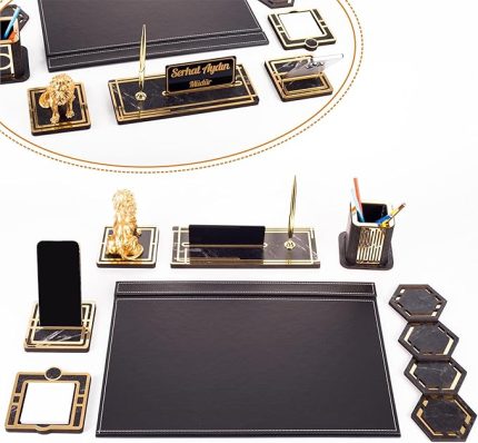 Aslan Biblolu Altın Deri Sümen Takımı Mermer Desen Ahşap İsme Özel Masa İsimliği Masaüstü İsimlik