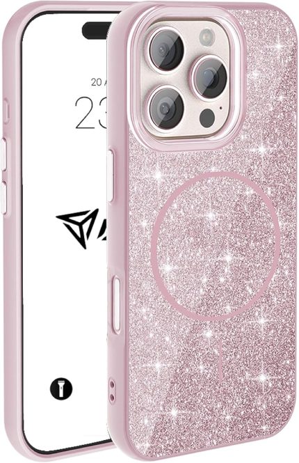 iPhone Kılıf M-safe Şarj Özellikli Parlayan Simli Sararmaz Kılıf (Pembe, iPhone 16 Pro Max)