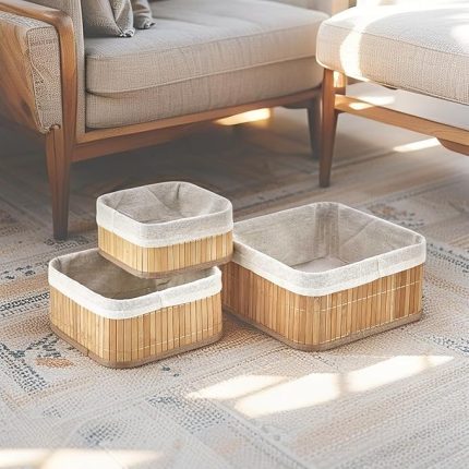 Bambu Çok Amaçlı Saklama Kutusu 3'lü Set, Düzenleyici Kare Derin Boy Organizer, Dekoratif Bambu Düzenleyici 3 Boy Doğal Renk (25cm*25cm*12cm-2cm*2cm*10cm-17cm*17cm* 8cm)