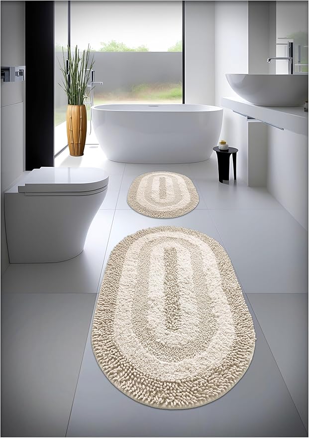 Pamuk El Tafting Banyo Paspas Seti, Banyo Halısı Cottonway 2 Li Set 60x100-60x50 (BEJ)
