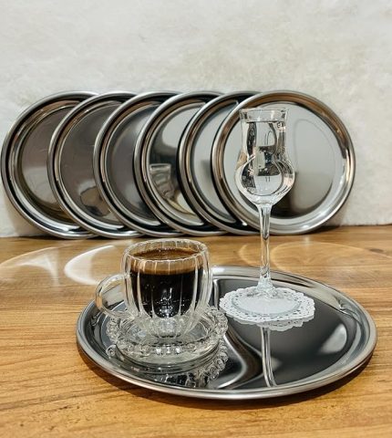 Adet Lüx Gümüş Paslanmaz Çelik Yuvarlak Çay,Kahve,Pasta Servis Tepsisi Sunum Tepsisi 21.5 cm