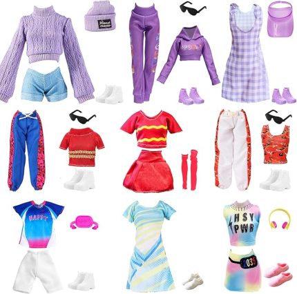 adet oyuncak bebek kıyafeti ve aksesuarı, Bebek ile uyumlu, süveter şort seti, futbol sporları, etek, spor kıyafeti, gündelik etek, 5 ayakkabı, 6 aksesuar, 30 cm (11,5 inç) kız bebekler için