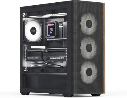 D501A Orta Kule Kılıfı, Ahşap Aksanlı Mesh Ön, 360mm Radyatör Desteği, 11 Fan Yuvası, 400mm GPU, ATX/m-ATX/mini-ITX, Manyetik Toz Filtreleri, SPCC Çelik Konstrüksiyon, Moda PC Yapısı, Siyah