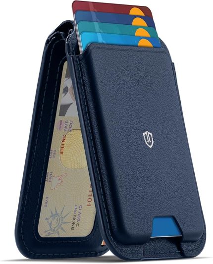 Hakiki Deri Manyetik Kart Tutucu Cüzdan, RFID Engelleme ve Kimlik Penceresi, 6 Karta Uygun, Manyetik Telefon Standı uyumlu iPhone 16/15/14/13/12 Serisi - Lacivert
