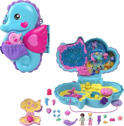 POCKET™ BABAM VE BEN™ denizatı çanta Polly Pocket Babam ve Ben denizatı çanta, 2 mikro bebek, evcil hayvanlar ve 13 aksesuar, 2'si 1 arada çanta ve oyuncak ile Shani HWP03