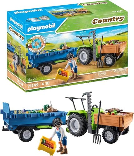 Country 71249 Römorklu Traktör, Taşıma Kutuları Dahil, Organik Çiftlik İçin Yeşil Traktör, 4 Yaşından Büyük Çocuklar İçin Sürdürülebilir Oyuncak