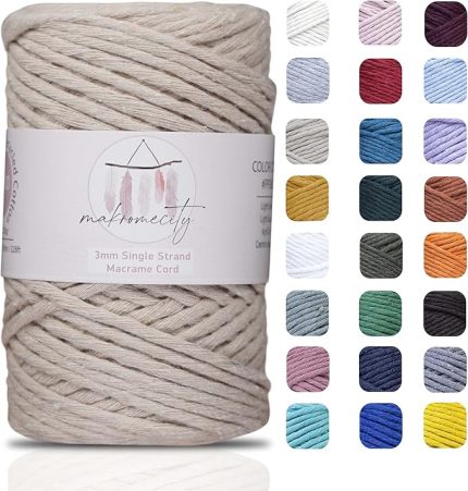 Tek Telli Makrome Kordon 3 mm x 100 Yard (300 ft) 3 mm Tek Telli Latte Pamuk Kordon Makrome Sanat ve El Sanatları Duvar Askıları için Geri Dönüşümlü Pamuk Kordon İpliği DIY (Latte, 1