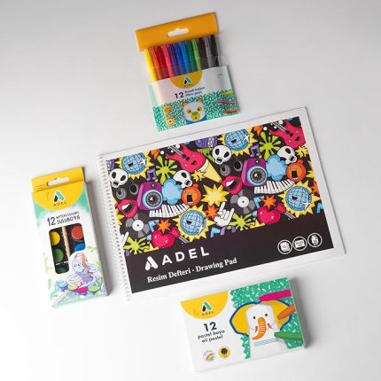 4’lü Boyama Seti + Resim Defteri 25x35, 12 Renk, Keçeli Kalem, Kuru,Pastel ve Sulu Boya, Fırça Dahil