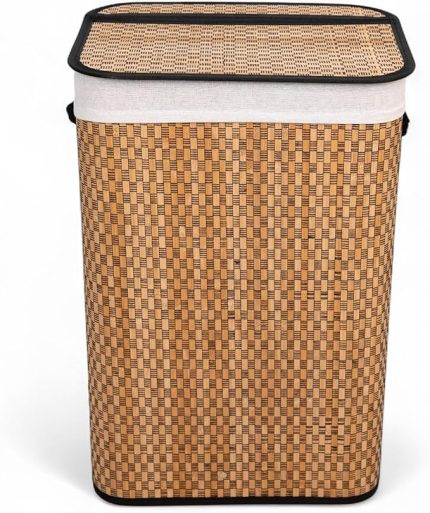 El Yapımı Hasır Katlanır Çamaşır Sepeti Dikdörtgen 72 Litre (40cm*30cm*61cm), Doğal Malzemeden Üretilmiş Çamaşırlık (SİYAH)