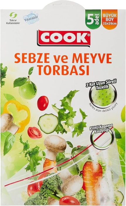 Kilitli Sebze Meyve Torbası, Büyük Boy 25 x 29 cm (5 Adet/Kutu içi)