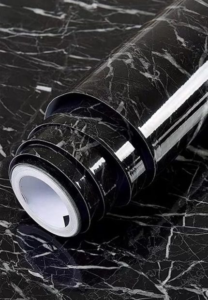 Mermer Desenli Yapışkanlı Folyo - Beyaz, 60 cm x 5 m - Mutfak Tezgahı ve Dolap Kaplama Kağıdı, Kolay Kesim ve Uygulama, Dayanıklı ve Su Geçirmez (Siyah Mermer)