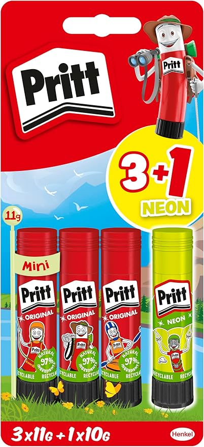 Stick Yapıştırıcı, 3+1 Neon, Güvenli ve Çocuk Dostu El işi Yapıştırıcısı, Hızlı ve Pratik Yapıştıran Okul ve Ofis Malzemesi, 3x11g+1x10g Pritt Stick Yapıştırıcı
