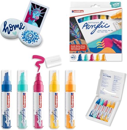 5000 akrilik işaretleyici geniş - çok renkli - akrilik boya işaretleyicileri 5'li paket (soyut) - 5-10 mm keski ucu - tuval üzerine boyama için akrilik işaretleyici, ahşap