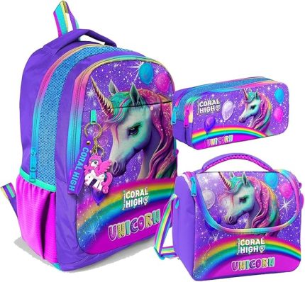 High Üç Gözlü İlkokul ve Ortaokul Çanta Seti - Kız Çocuk - Mor Simli Unicorn Desenli