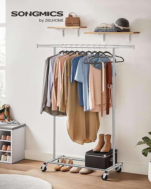 tekerlekli elbise askısı, ağır hizmet tipi elbise askısı, uzatılabilir elbise askılı, 90 kg yük kapasitesi, kolay montaj, taşınabilir, gümüş HSR13S - Görsel 2