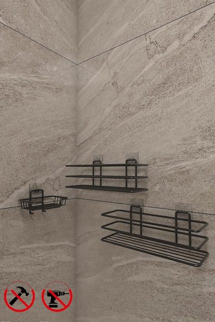 Banyo Yapışkanlı Kancalı Paslanmaz Siyah 2 Adet Düzenleyıcı Rafı Katı Sabunluk ve Bulaşık Süngerlik Seti