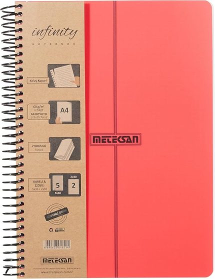 Infinity Primary Serisi, A4, 7 Konulu (5 Kareli, 2 Çizgili) 210 Yaprak PP Kapaklı Spiralli Defter, Kırmızı