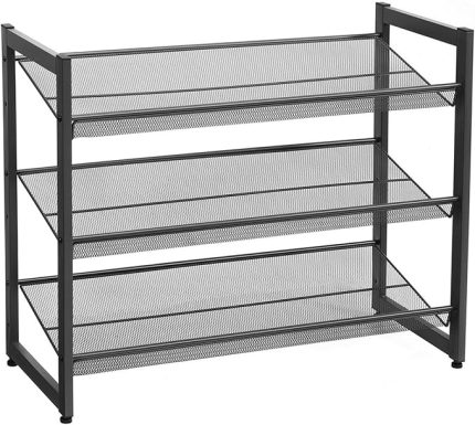 3 Katlı Metal Ayakkabı Rafı, Fileli Raf, Ayarlanabilir Koyma Alanlı Düz veya Açılı Raf Zeminleri, Koridor, Giriş Alanı İçin Istiflenebilir Depo Rafı, 74x62,8x30,7 cm, Siyah, Lmr03B