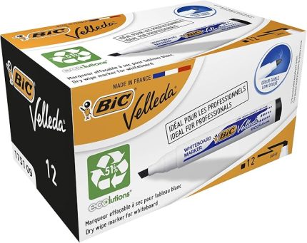 Velleda 1751 Eco Kesik Uçlu Beyaz Tahta Kalemi, Siyah, 12'li Kutu, 3,7 mm ile 5,5 mm Kalın Uç,Kuru Silinebilir Mürekkep