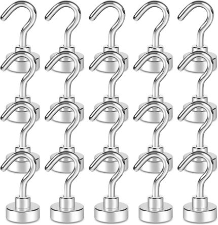 Manyetik Kancalar, 10 kg + Cruise Essentials Neodim Mıknatıs Kancası 3 Katmanlı Ni Güçlü Korozyon Koruması, İç Mekan Asması için İdeal (Simli Beyaz, 20'li Paket)