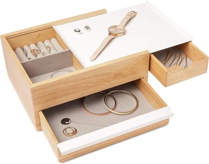 Twitter tasarım takı kutusu modern takı kutusu secret çatı yüzükler, bileklikler, kolyeler, küpeler ve aksesuarlar için, ahşap/metal, beyaz / naturel, büyük