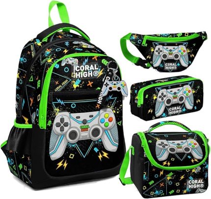 High Siyah Fosforlu Yeşil Gamer Desenli Erkek Çocuk Okul Beslenme Kalemlik ve Bel Çantası Seti - İlkokul İçin Uygun