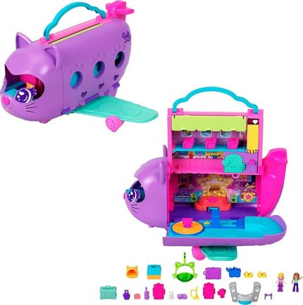 POCKET™ MİNİK KEDİ HAVA YOLLARI™ Oyun Seti Polly Pocket Adventures in Rio Uçak Oyun Seti, 2 mikro bebek ve evcil hayvan, aksesuarlar, seyahat oyuncağı uçak HWP19
