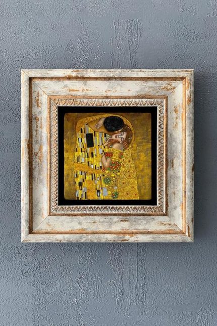 Stone Decor Gustav Klimt Öpücük Tablosu Kiss Çerçeveli Taş Tablo 20x20cm Wall Decor