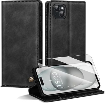 15 için cep telefonu kılıfı, iPhone 15 için birinci sınıf deri kılıf [1 adet zırhlı koruma camı] mıknatıslı kart bölmesi kapaklı kılıf koruyucu kılıf iPhone 15 için, siyah