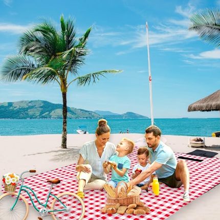 Plaj Havlusu, Piknik Örtüsü, Plaj Matı, Çantalı Plaj Hasırı,Kamp Battaniyesi, Kamp Matı, Katlanabilir, Hafif, Su Geçirmez, Kum Geçirmez(Beyaz-Kırmızı Kare)