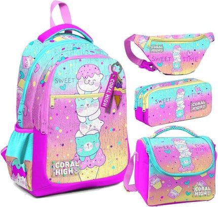 High Renkli Dondurmalı Kedi Desenli Kız Çocuk Okul Beslenme Kalemlik ve Bel Çantası Seti - İlkokul İçin Uygun