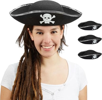 Korsan şapkası, 4'lü set, kadın ve erkek, karnaval, üç uçlu şapka, siyah/gümüş